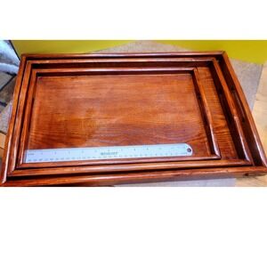 Set of 3 Nesting Wood Serving Trays Brown Rectangular with Metal Corner Accents